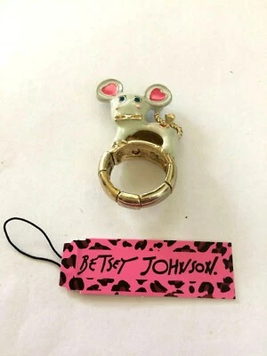 BETSEY JOHNSON GREY ENAMEL RHINESTONE MOUSE GOLD TONE STRETCH RING - Image 1 of 2