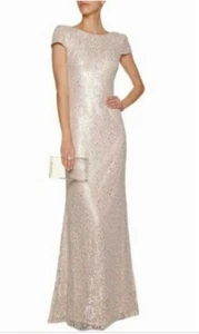 Vestido Badgley Mischka Rubor Metálico En Capas Bordado Encaje Lentejuelas 0 XS $890.00 - Imagen 1 de 11
