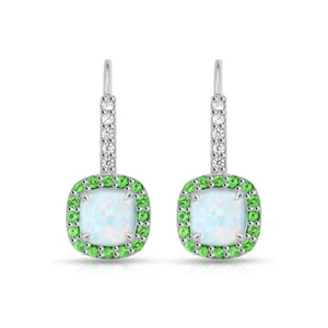 Cushion Cut Halo Simulated Opal & Emerald Leverback Earrings in Sterling Silver - Picture 1 of 3
