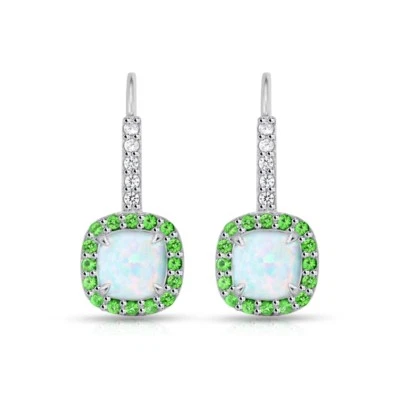 Cushion Cut Halo Simulated Opal & Emerald Leverback Earrings in Sterling Silver - Image 1 of 3