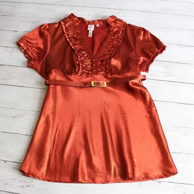 Heart Soul Women's Blouse Top Size M Orange Gold Shimmer Belt Empire Disco - Image 1 of 4