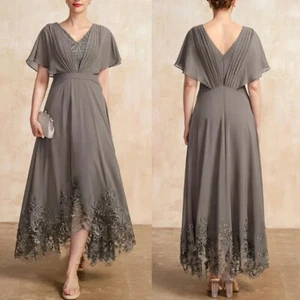Elegante abito grigio pizzo linea A madre sposa scollo a V chiffon abito festa matrimonio - Foto 1 di 9