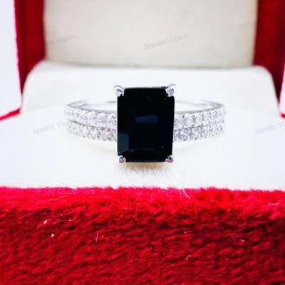 Anel de noivado de ônix preto anel art déco ouro branco conjunto de anel vintage corte esmeralda - Imagem 1 de 4