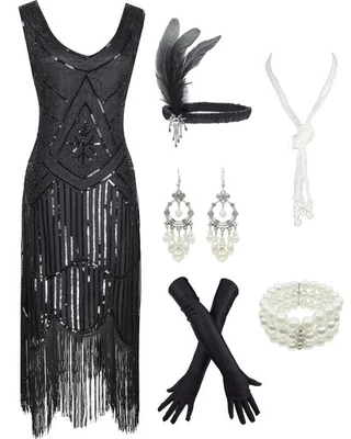 Vestido Gatsby años 20 lentejuelas flecos cachemir aleta con conjunto de accesorios años 20 (X... Foto 1 de 4