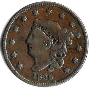 1835 - U.S. - N-10 - Rarity 4+ - One Cent - Obvious Die Break      ( RR-41 ) - Picture 1 of 2