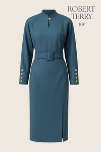 Vintage Robert Terry Teal Belted Dress 10P 100% Wool Shoulder Pads - Picture 1 of 10