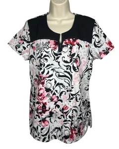 Healing Hands Women's Scrub Top Paisley Black Red White Size Medium - Picture 1 of 7