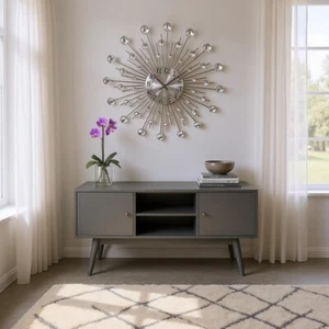 Modern Wall Clock Diamond Crystal Beaded Studded Silver Living Room Bedroom - Picture 1 of 3