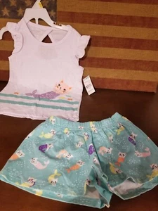 Toughskins Kitty Cat Mermaid Shorts and Shirt Top Set Pajamas Girls Size Small/4 - Picture 1 of 5
