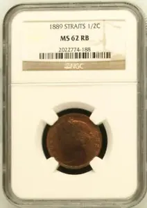 Straits Settlements, Queen Victoria  1/2 Half Cent Coin, NGC MS 62 RB 1889 - Picture 1 of 4