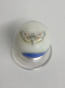 Vintage Guernsey Glass blue yellow & orange MOTH on blue & white Glass Marble - Picture 1 of 8