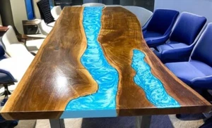 60"x36" Blue Epoxy Resin Center Dining Table Live Edge Wooden Cafeteria Decors - Picture 1 of 8