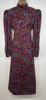 Mod Dress Purple Floral Flower Power Maxi Long Sleeve UK 10/12 Vintage 70s - Image 1 of 4