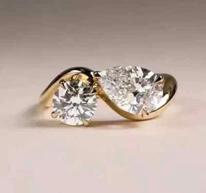 1Ct Pear & Round Cut Lab-Created Diamond Wedding Ring 14K Yellow Gold Plated - Picture 1 of 4