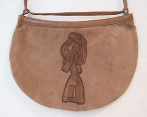 VINTAGE LEATHER SHOULDER BAG FUNKY SPOOKY CHARACTERS 9 3/4" LONG LIGHT TAN MOCHA - Picture 1 of 10