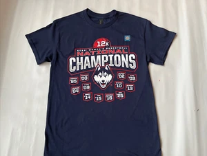 UConn Huskies Navy 2025 NCAA WOMEN BASKETBALL 12 NATIONAL CHAMPIONS T-Shirts - Picture 1 of 4