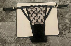 NWT VICTORIA'S SECRET BLACK VS MONOGRAM MESH GOLD BUCKLE STRING BIKINI PANTIES - Picture 1 of 6