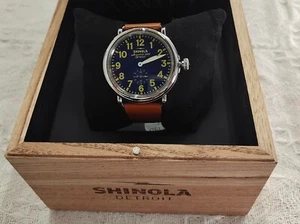 Nuevo reloj Shinola Runwell esfera azul con correa de cuero marrón 41 mm hombres mujeres - Imagen 1 de 17