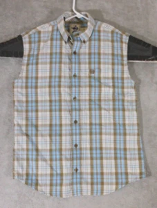 Cinch Shirt Boy's Large Button Up Sleeveless Cotton Blue Plaid Casual - Picture 1 of 6