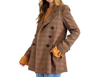 Easel Plaid Coat Double Breasted Button Brown Pink Small NWT New - Picture 1 of 15