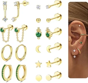 Dainty Gold Flat Back Earrings Hypoallergenic Cartilage Earring Sets for Multipl - Picture 1 of 6