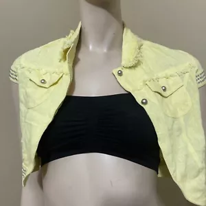 Women’s Yellow Linen Casual Summer Short Beaded Size S Button-up Jacket Bolero - Picture 1 of 16