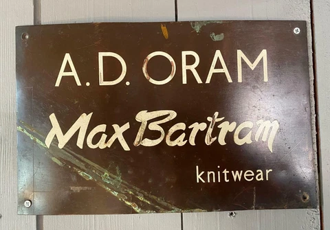 Vintage Reclaimed Original Brass Advertising Sign AD ORAM MAX BARTRAM KNITWEAR Cover