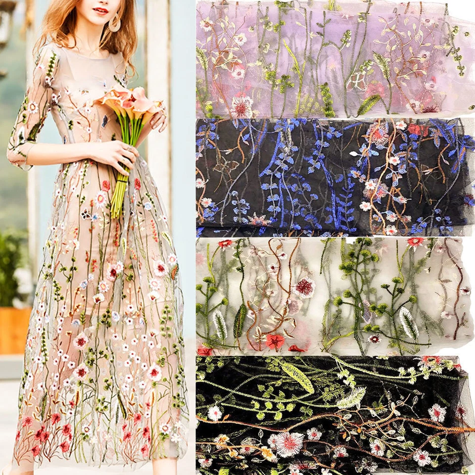 Green Flower Embroidery Lace Fabric DIY Wedding Dress Bridal Veil Tutu Skirt - Image 1 of 4