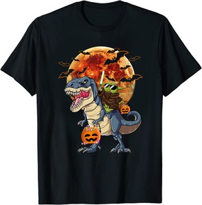 Baby Yoda Riding Dinosaur T-rex Pumpkin Moon Halloween T-Shirt Black S-5XL