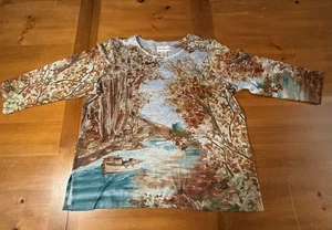 Suéter Pullover Para Mujer Alfred Dunner Talla Grande Azul Con Diseño Marrón Otoño - Imagen 1 de 4