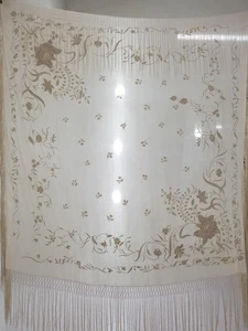 Antique Chinese Silk Hand Embroidered Floral Fringed Piano Shawl 153x146cm - Picture 1 of 12