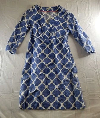 Vestido Boden Para Mujer Talla 6 L Azul Blanco Manga 3/4 Geométrico 100% LINO Foto 1 de 4