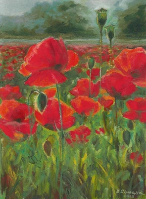 coquelicots en fleur, tableau original 30 x 40 cm oeuvre peinture huile - Photo 1/4