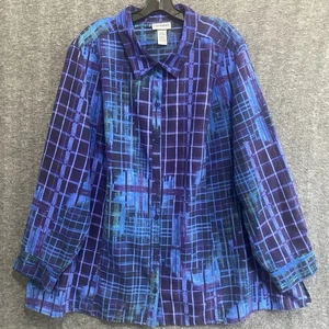 Catherines Button Up Top Women 3X Purple Blue Artsy Collared Shirt Office Career - Picture 1 of 8