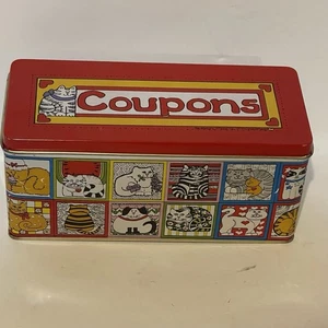 Vintage Enesco Susan Marie McChesney Cats Coupons Tin Box Red Container - Picture 1 of 5