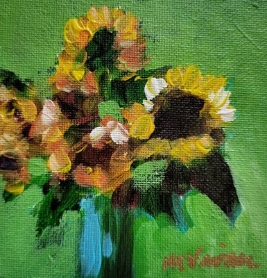 Mona Vivar original impressionist mini sunflower garden flower painting  - Image 1 of 3