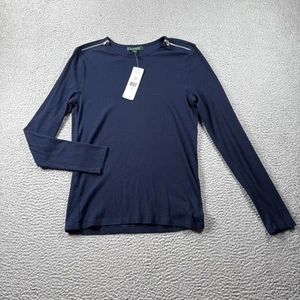 Lauren Ralph Lauren Top Womens L Pullover Long Sleeve Zip Shoulders Ribbed NWT - Picture 1 of 14