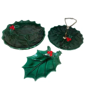 Vintage Lefton Christmas Ceramic Holly Berry Tree Leaf Holiday Dessert Dish Set - Picture 1 of 16