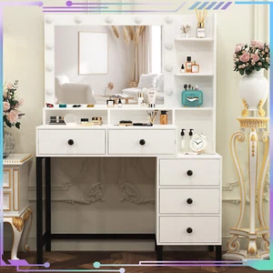 Modern Large Dressing Table with LED Lighted Makeup Mirror 5 Drawers & Shelves - Picture 1 of 9
