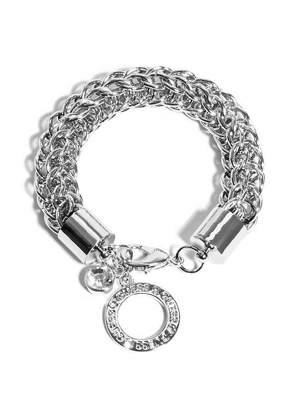 NUEVO BRAZALETE ADIVINAR TONO PLATA/ORO, ESLABÓN CIRCULAR, LOGOTIPO EN RELIEVE, DIAMANTES DE IMITACIÓN Foto 1 de 1