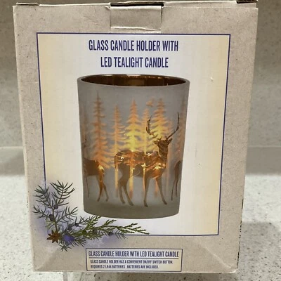 Candelabro de vidrio Cracker Barrel con LED Tealight Vela Reno y Árboles NUEVO Foto 1 de 4