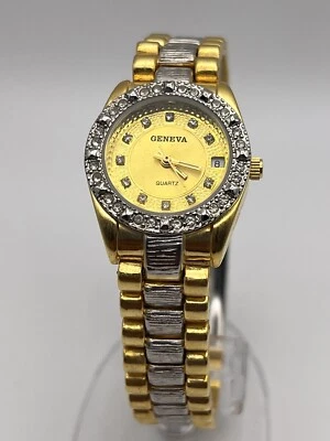 Reloj Geneve Damas Esfera Oro Amarillo Bisel Diamante Pulsera Dos Tonos Batería Nueva Foto 1 de 4
