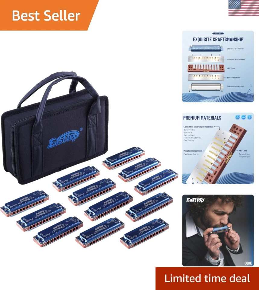 Portable Blues Harmonica Set of 12 - Professional Quality, Blue Case Included - Image 1 of 4