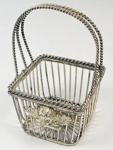 Small Miniature Mini Square 4.5"x2.75" Silvertone Wire Angel BASKET w/ Handle Cover