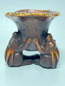 19c. Japan Meiji Bowl Wood Carving Two Rabbits Lily Incense Burner Pot Signed - Picture 1 of 16