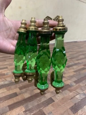 Antique Style Big & Small Crystal/Cut Green Glass Brass Door Handle  Collectible - Image 1 of 4