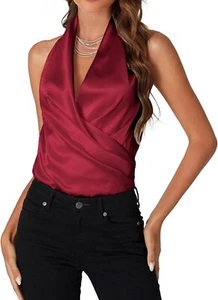 Women's Satin Wrap Halter V Neck Sexy Sleeveless Blouse Cami Tank Top Wine Red S - Picture 1 of 6