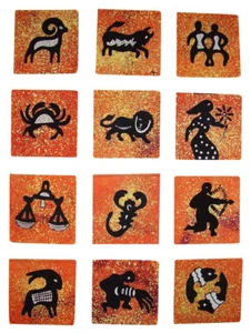 Authentic Cotton Batik Textile Art Packet Astrological Zodiac 5" x 5" Orange - Picture 1 of 1