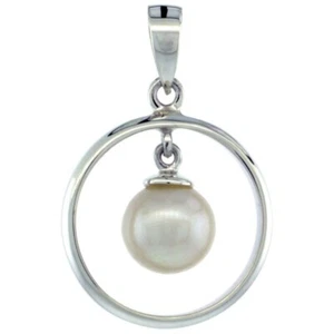 925 Sterling Silver Dangle Pearl in Circle Pendant High Polished 11/16 Inch - Picture 1 of 1