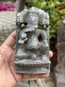 Ancient 1700's  Granite Stone Hand Carved  Painted Hindu God Ganesha Sculpture